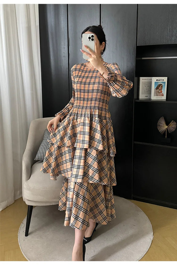 Miyake Plaid Print Dress Women's Spring and Summe  2024 New Loose Fashion Pleated Skirt Pressed Pleated A-line Foreign Dresses