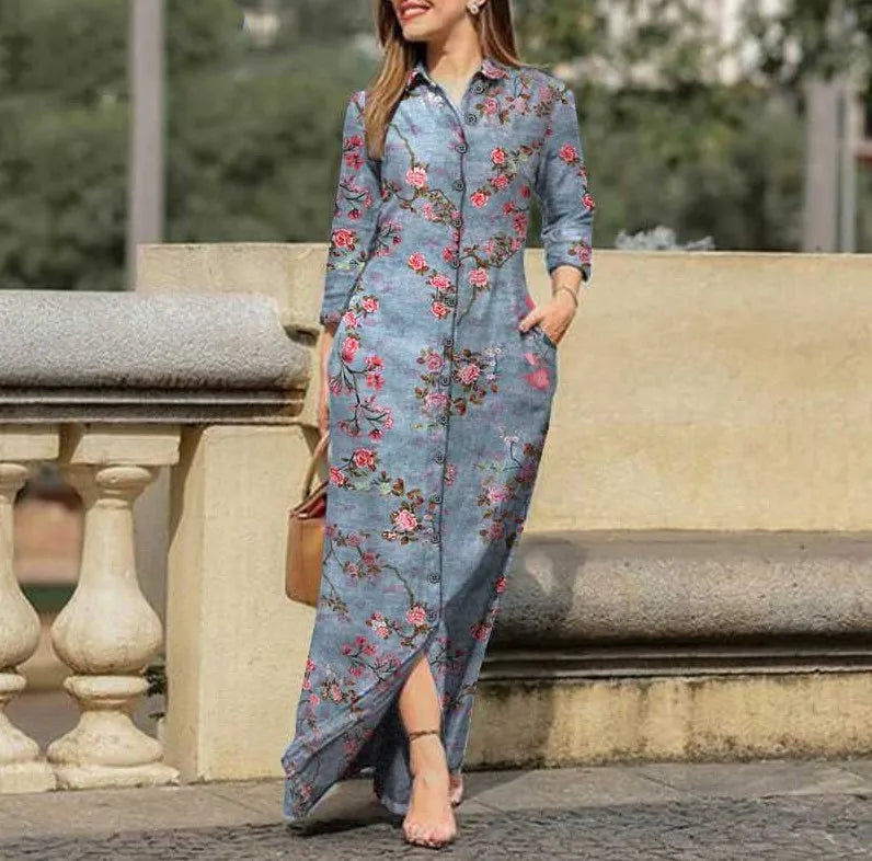 Vintage Flower Print Loose Shirt Dress Autumn Fashion Lapel Collar Button Dress Women Casual Long Sleeve Pocket Maxi Dresses