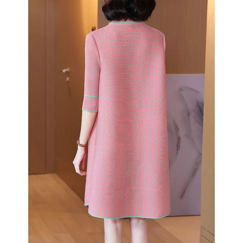 spring summer stand collar simple fashion pleated mini dress female 3/4 sleeve elegant robe women temperament buttons vestidos