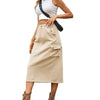 Denim Midi Skirts Women Cargo Hipster Vintage Loose Hot Girls Fashion Half Dress With Pockets Streetwear Back-slit Drawstring