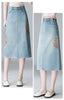 Embroidery High Waist A-line Denim Skirt  Women Elegant Chic Slim Fit Plus Size Midi Skirts