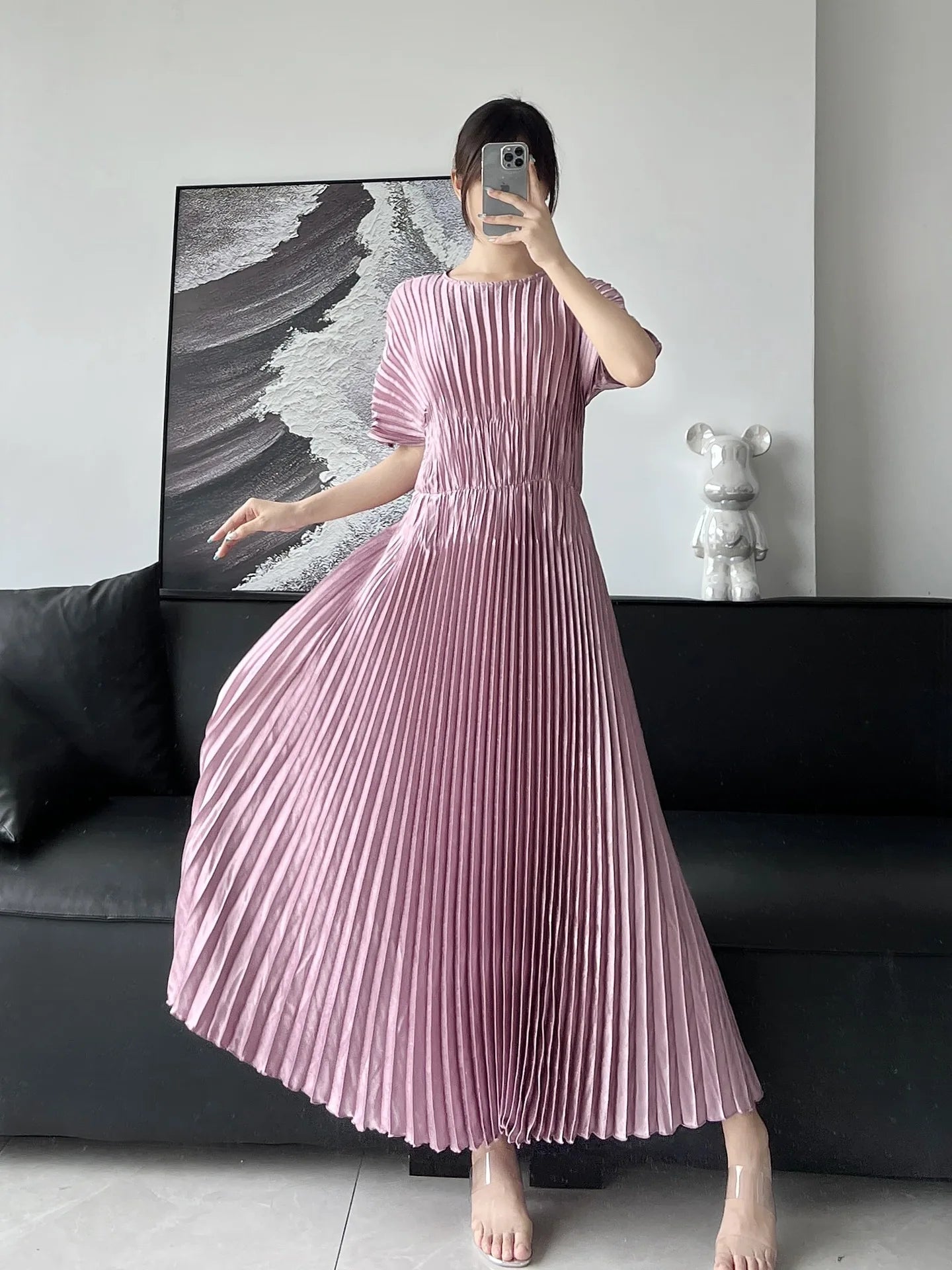 Pleated Butterfly Sleeve Solid Color Elegant Slim Women's Dress Printed Fashion Temperament Dress 2024 Summer New