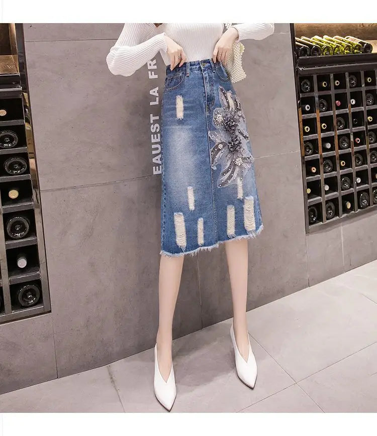 Female Fashion Mid-Length Ripped Embroidered Denim Skirt Women's Summer New High-Waisted A-Line Skirts Split Hip Skirts Q339