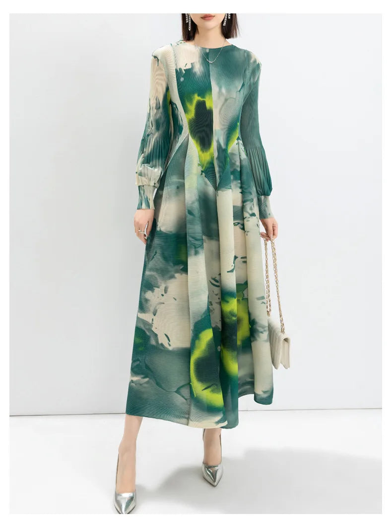 Miyake Pleated Women's Dresses Temperament Printing Lantern Sleeves Loose Plus Size Half High Neck Long  Dress