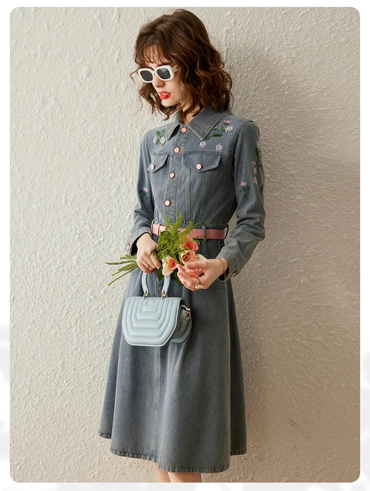 LOUIS YAO Women Denim Skirt Embroider Dress 2023 Autumn Polo Neck Sweet Half-placket Washed Denim Mid-length Skirt for Women