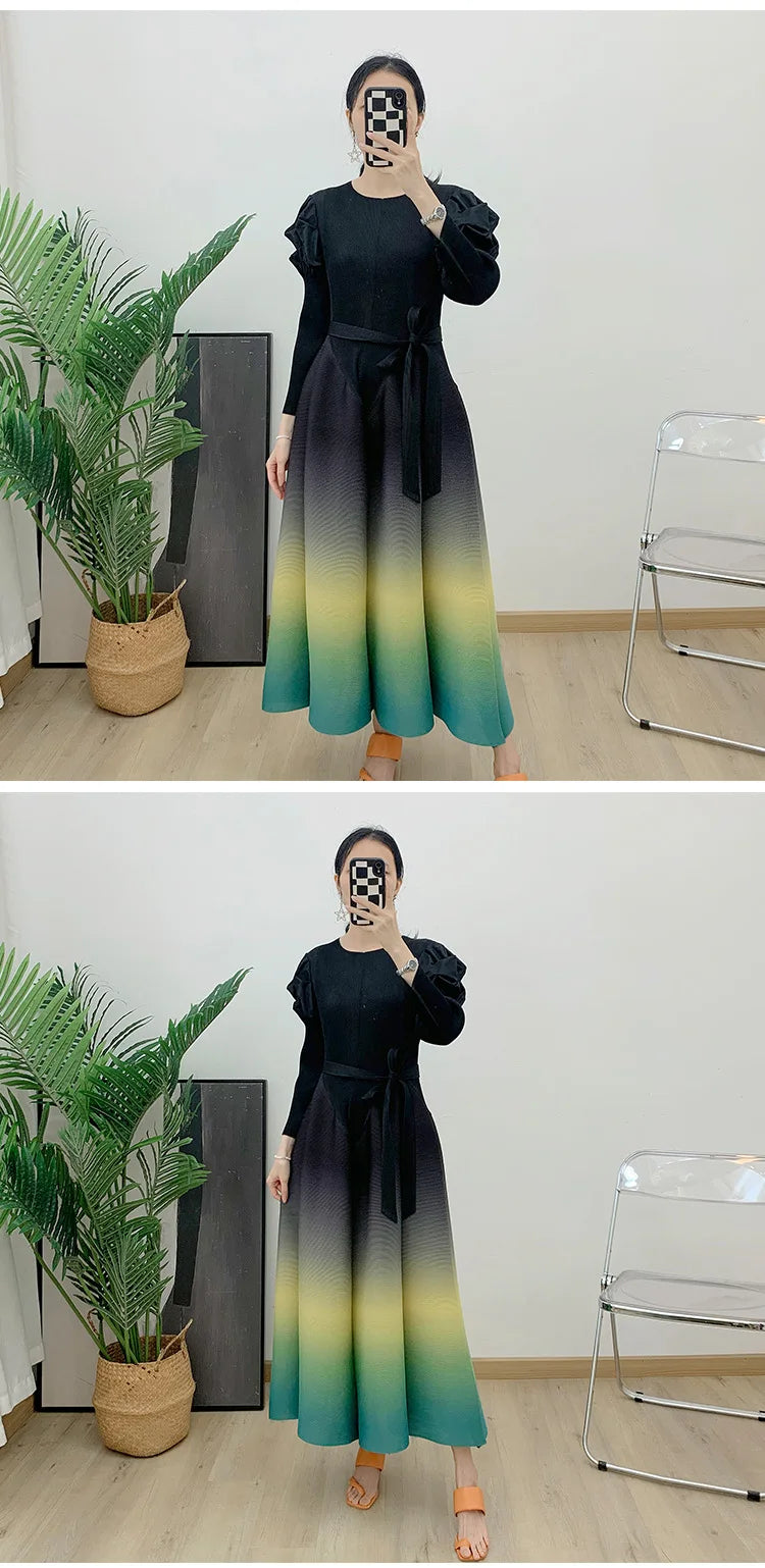 Gradient Pleated Dress For Women Long Sleeves Lantern Style Maxi Dresses 2024 Spring New Female Elegant Clothing 2DA4145