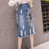 Female Fashion Mid-Length Ripped Embroidered Denim Skirt Women's Summer New High-Waisted A-Line Skirts Split Hip Skirts Q339