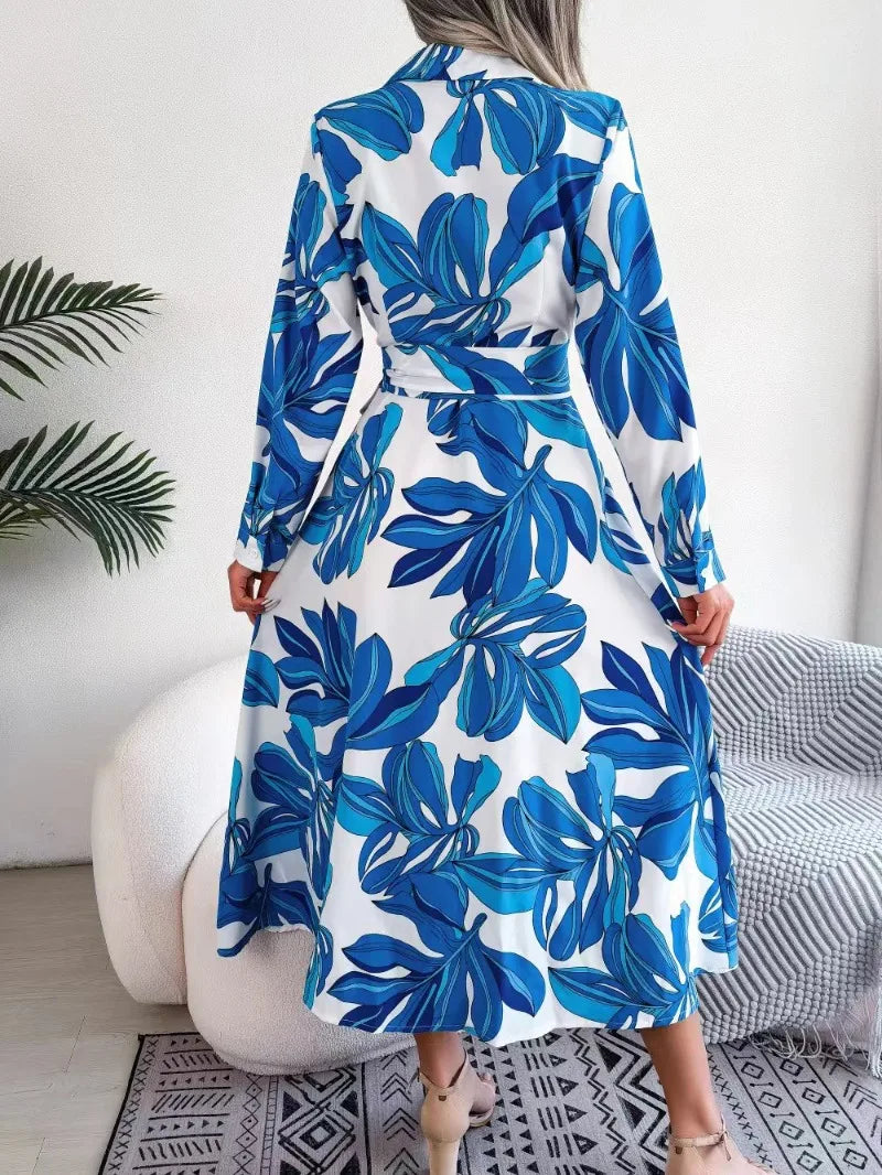 Elegant Women Print Maxi Dress Long Sleeve Lace-up A-line Clothing Autumn Winter Casual Office Lady Floral Dresses