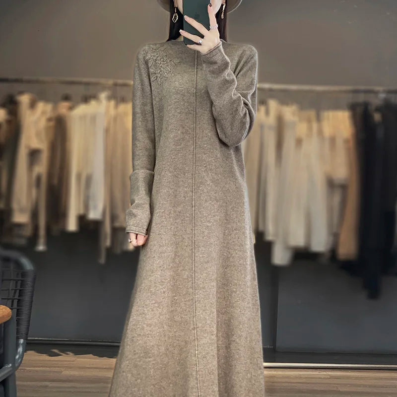 Women's Long Dresses 100% Cashmere and Wool Knit Jumpers, Lady Pullovers,