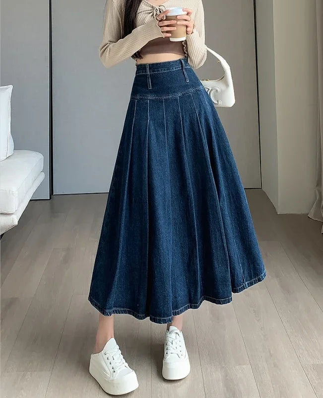 Chic Pleated Jeans Skirts High Waist Long Washing Ladies Straight Women  Loose Denim Midi Skirts