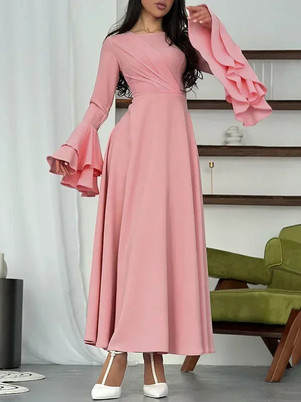 Bohohipei Female Fashion Lace-up Pleated A-line Dress New Spring Flared Sleeves Elegant Pink Party Evening Maxi Dresses