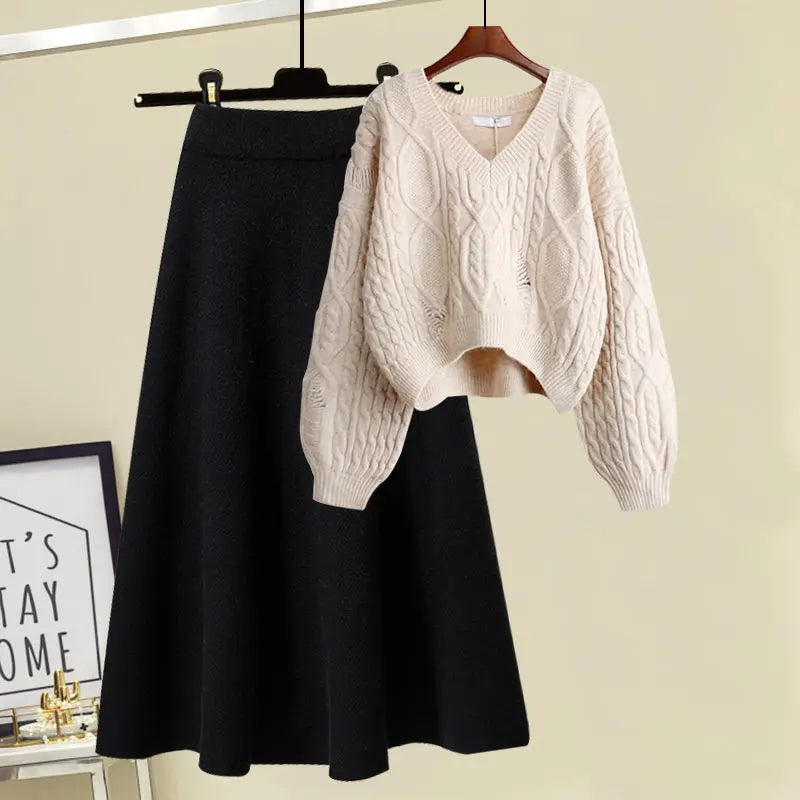 Winter New Cartoon Printed Knitted Sweater Pullover Slim Fit Knitted Skirt Two Piece Elegant Women's Party Dress