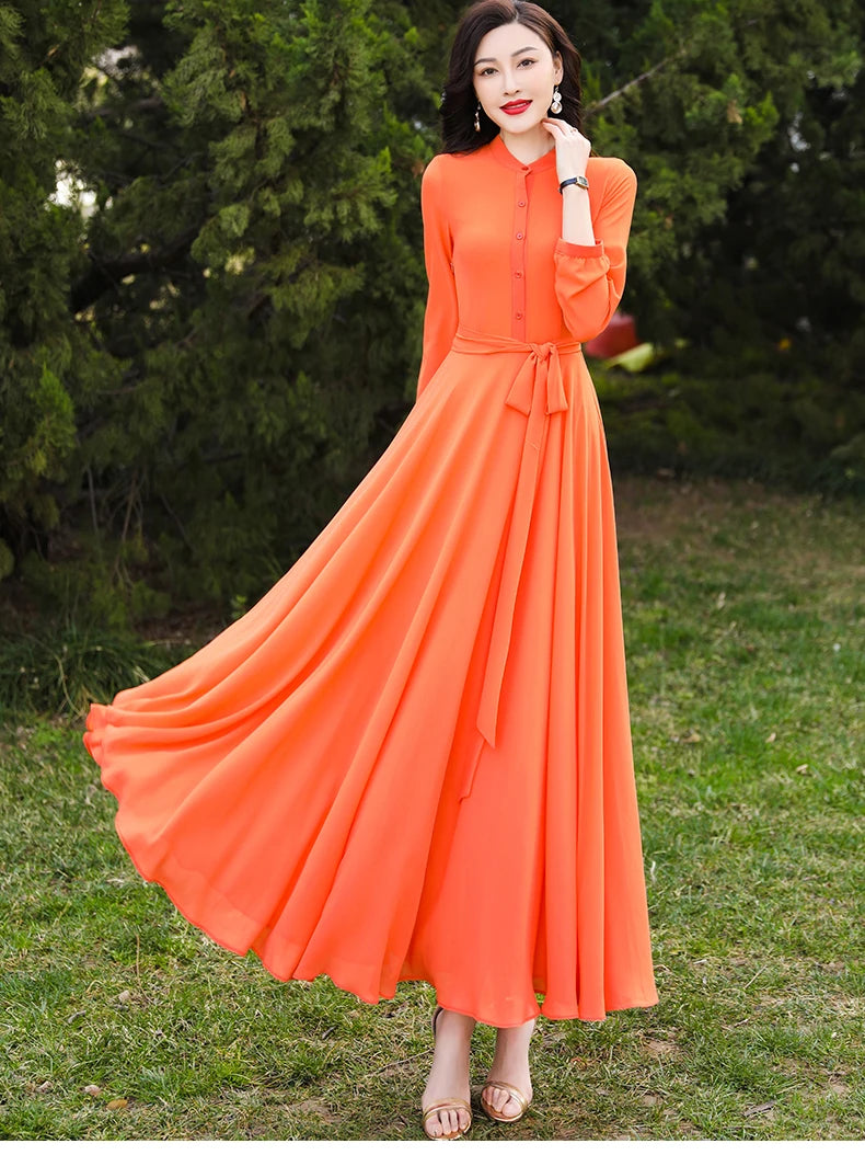 SD30 New High Quality Women's Summer  Orange Long Sleeve Chiffon  Maxi dress with full linning boho dress  dresses  women dress