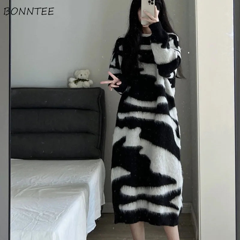 Long Sleeve Dresses Women Lazy Style Midi Knitted Chic Mink-fleece Panelled Korean Fashion Autumn Winter Prevalent Cozy Gentle