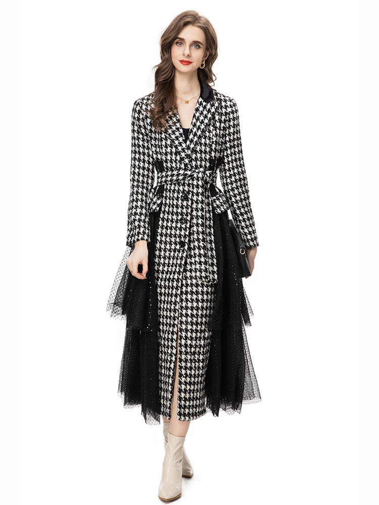 Style Vintage Coat Women's Lapel Single-breasted Splice Sequin Netting Slim Fit Coat