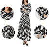 Pleated Maxi Long Dress Fashion Printed Long Sleeved O-Neck Pullover Waist Retraction Dresses for Women