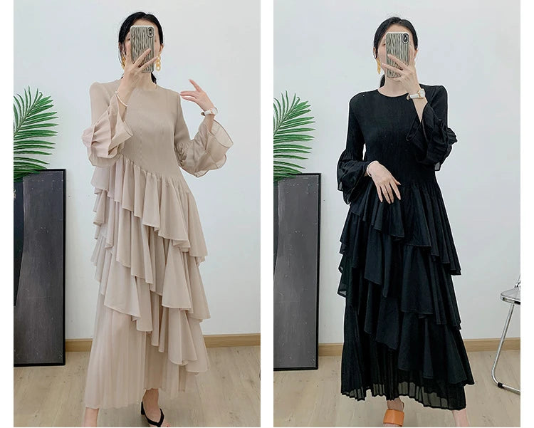 Miyake Spring 2024 Ruffles Pleated Dress Women Long Sleeves Fashion Solid Color High Waist Stitching Dresses Party Clothing New