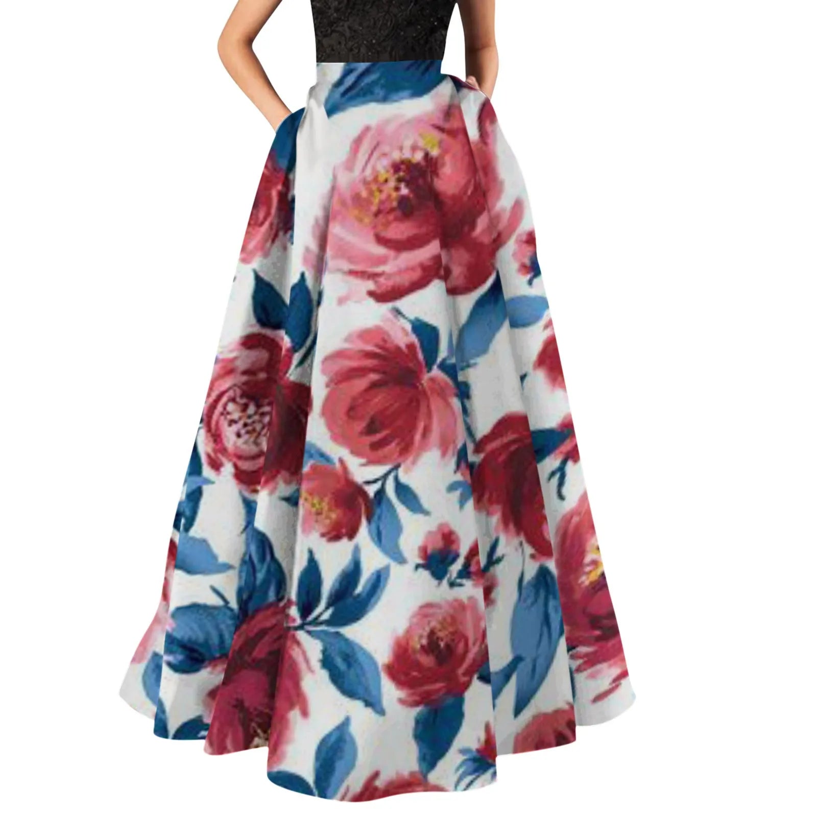 Women Bohemian Stylish Big Floral Printed Skirts Elegant High Waist Pocket Party Beach Maxi Casual Loose Party Holiday faldas