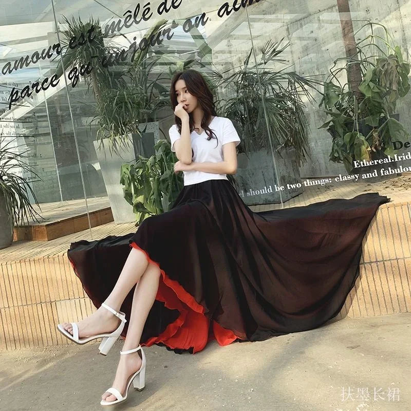 Women Chiffon Long Skirt A-Line Skirts Women Elastic High Waist Maxi Skirts Elegant Solid Skirts