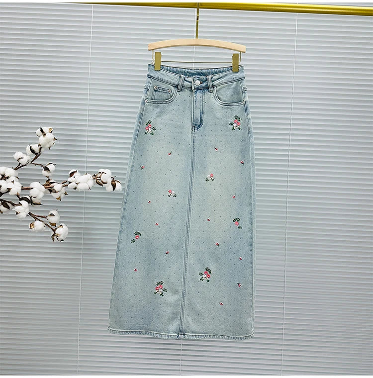 A- Line Embroidered Denim Skirt Women's 2024 Spring and Summer New High Waist All-Matching Split Rhinestone Midi Skirt