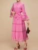 Dress Women stand collar Flare Sleeve Belted Pink  Midi Dresses