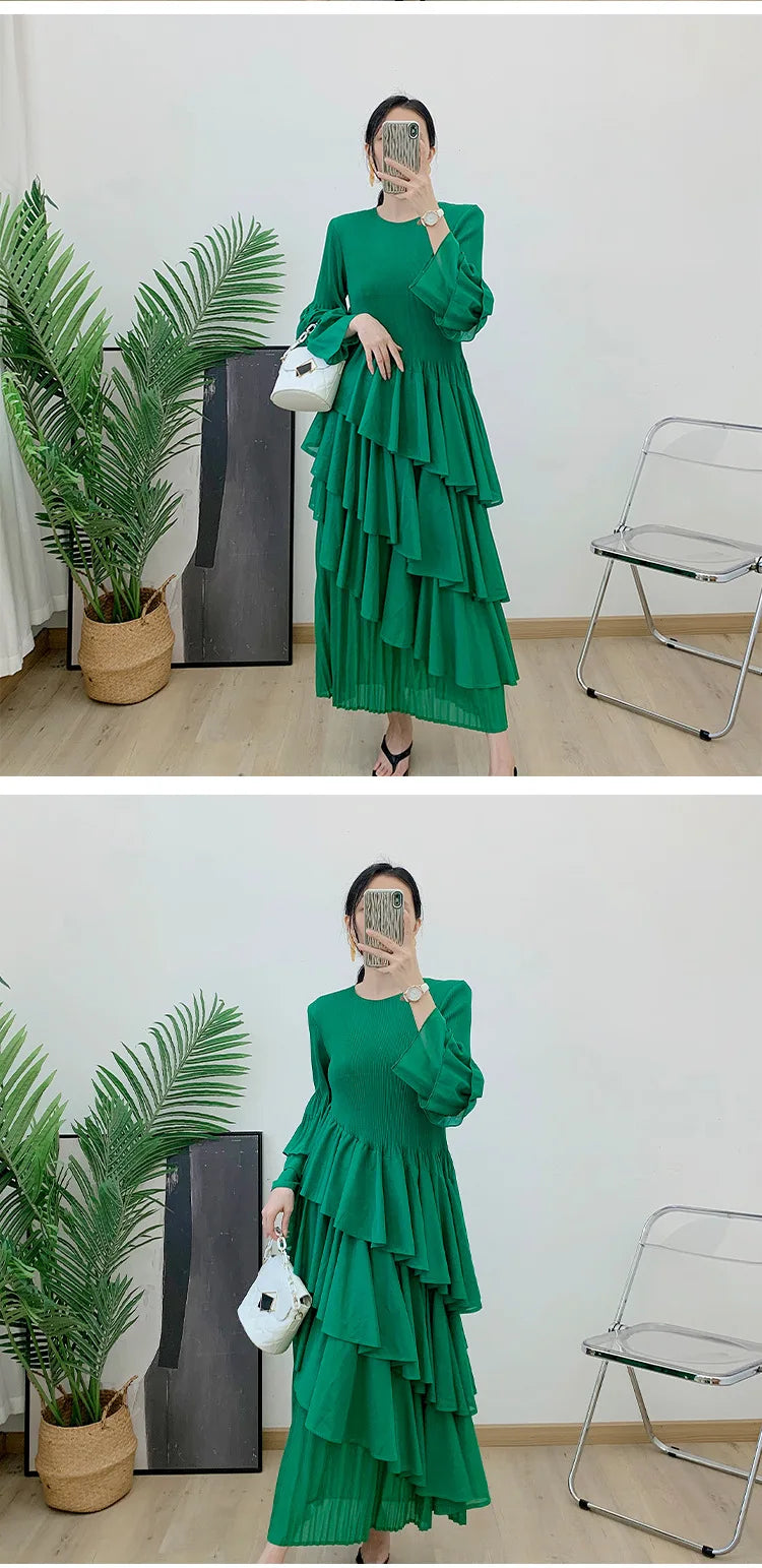 Miyake Spring 2024 Ruffles Pleated Dress Women Long Sleeves Fashion Solid Color High Waist Stitching Dresses Party Clothing New