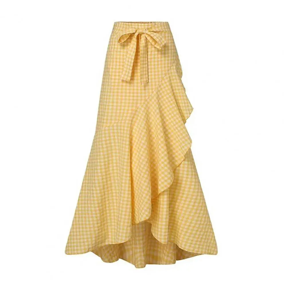 Breathable Skirt Elegant Lace-up Ruffle Trim Maxi Skirt with Plaid Print Bow Tie Detail High Waist Irregular Hem Skirt for Women