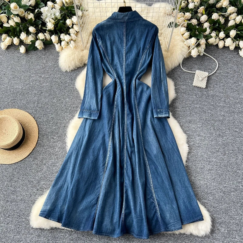 Autumn American Denim High Quality Cotton Retro Women's Embroidered Pan Button Cowboy Dress Fashion Waist Cowboy Skirt Look Thin