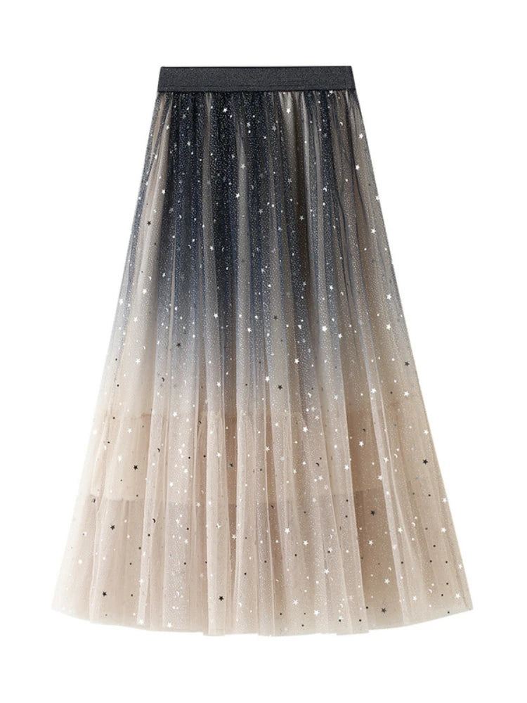 Sweet Embroidered Pleate Tulle Skirt 2024 New Women Spring Summer A-Line Long Skirts High Waist Sequined Planets Mesh Maxi Skirt