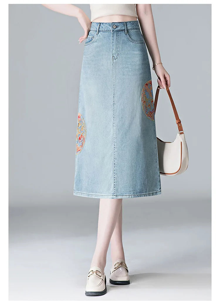 Embroidery High Waist A-line Denim Skirt  Women Elegant Chic Slim Fit Plus Size Midi Skirts