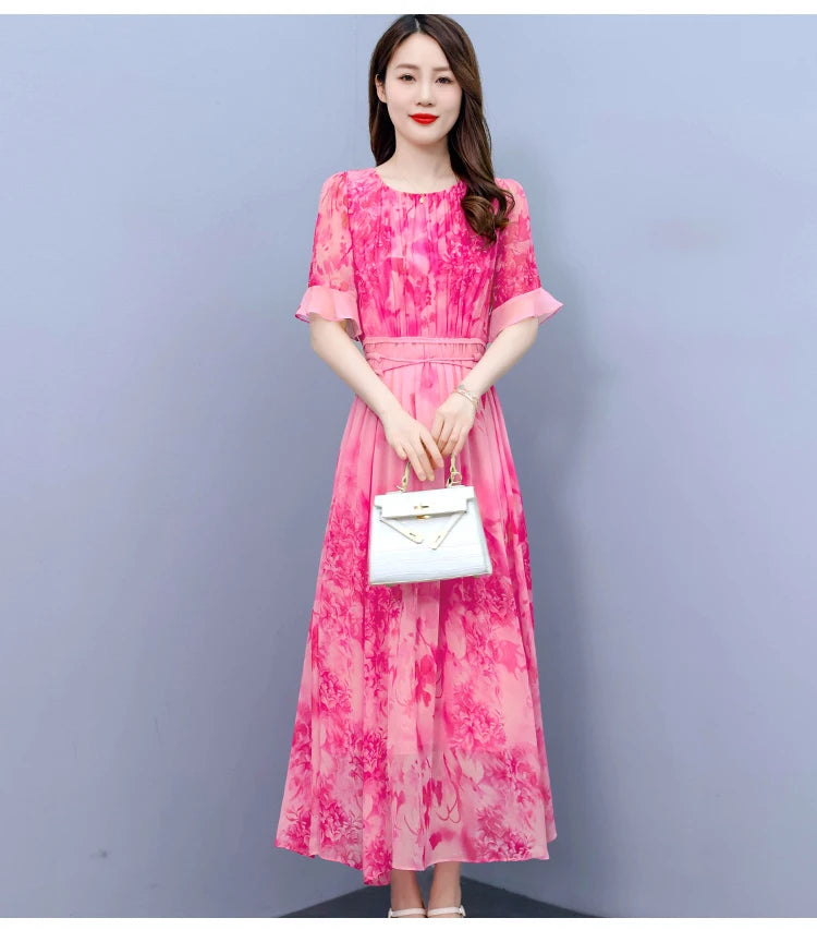 Pink Floral Chiffon Casual Boho Beach Dress Women Chic Butterfly Sleeve Prom Maxi Dress Summer Korean Elegant Party Vestido