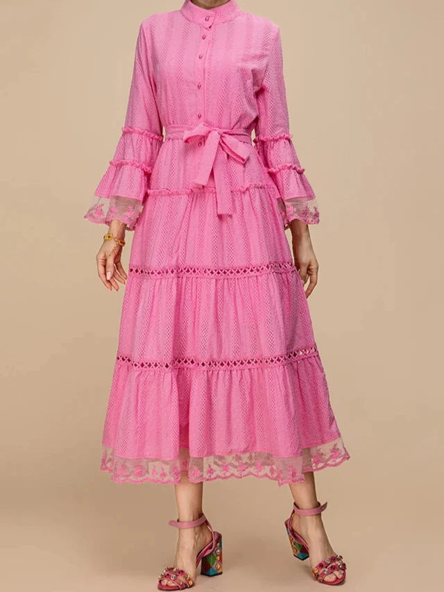 Dress Women stand collar Flare Sleeve Belted Pink  Midi Dresses