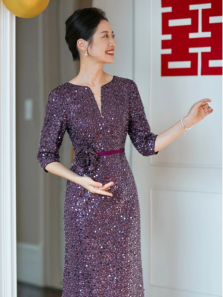 Shiny Sequin DressElegant Ankle-Length Purple