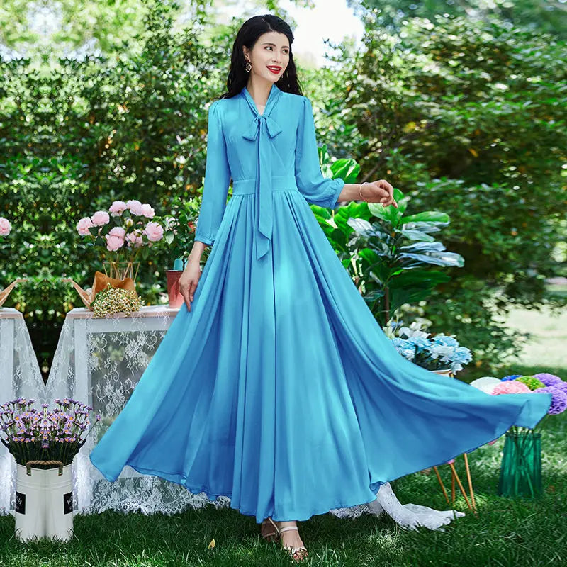 Beach Chiffon Dress Women's  Spring Summer New V-Neck Slim Chic Bohemian Dresses Mid-Waist Big Swing Long Party Vestidos Lady