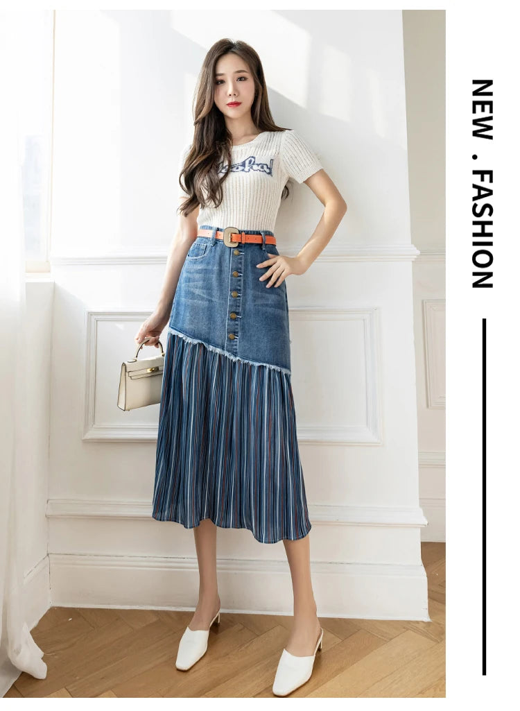 JXMYY 2024 Spring And Autumn Fashion New Large Size High Waist All-Match Women's Denim Skirt Stitching Midi Skirt