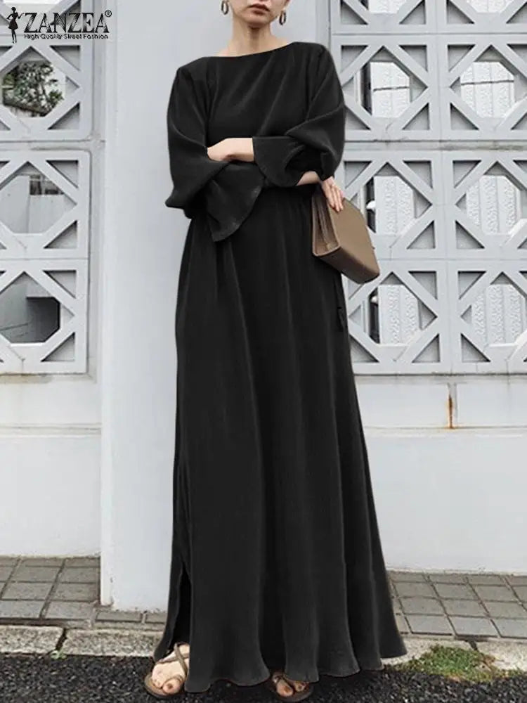 ZANZEA Elegant Fashion Women Maxi Sundress 2024 Autumn Long Dress Casual Pleated Long Sleeve Solid Color Party Vestidos Robe