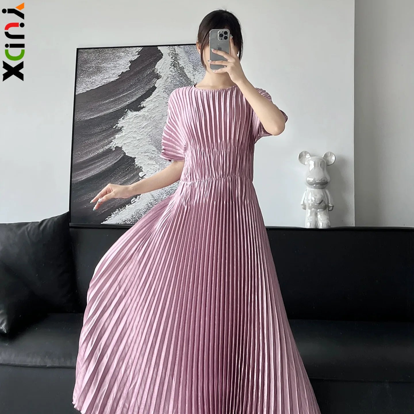 Pleated Butterfly Sleeve Solid Color Elegant Slim Women's Dress Printed Fashion Temperament Dress 2024 Summer New