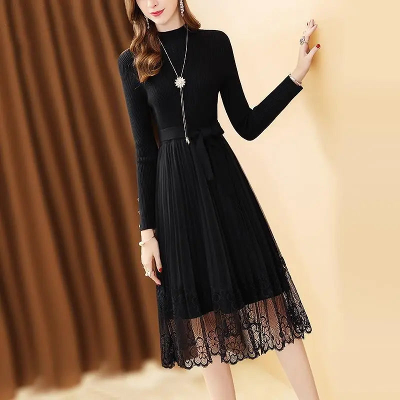 Elegant Stand Collar Spliced Gauze Lace Bandage Ladies Dresses Women's Clothing 2023 Autumn Winter Loose Office Lady Midi Dress