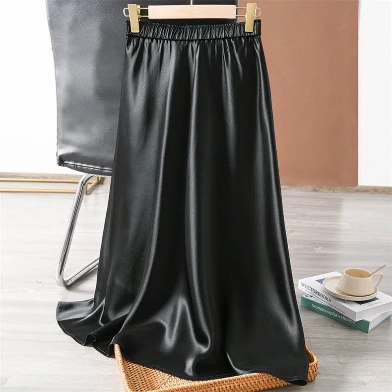 2024 Summer Elegant Ladies Club Maxi Skirt Korean Style Elastic Waist Satin Silk Skirts for Womans Plus Size Solid Skirt 6XL 7XL