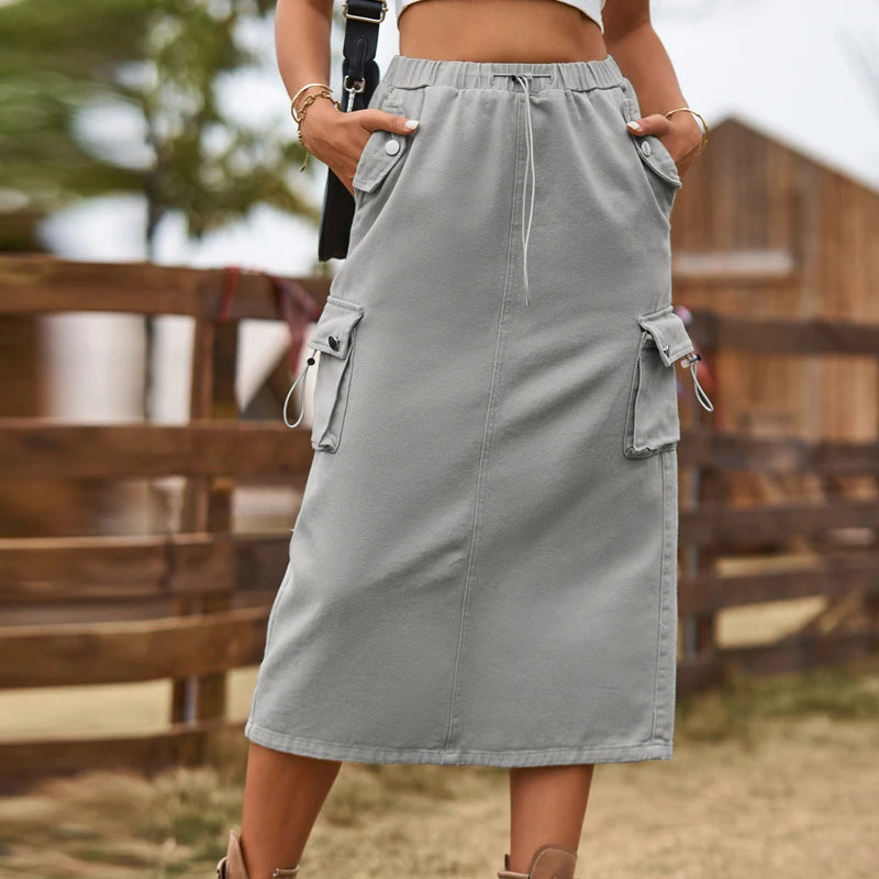 Denim Midi Skirts Women Cargo Hipster Vintage Loose Hot Girls Fashion Half Dress With Pockets Streetwear Back-slit Drawstring