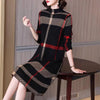 Winter Women's Wool Knitted Dress Striped Half High Collar Vintage Fashion Thick Sweater Style Female Clothing