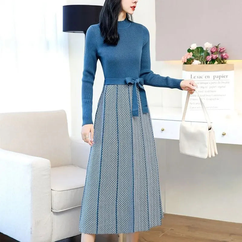 Vintage Spliced Knitted Midi Dress Autumn Winter Casual Half High Collar Female Clothing Elegant Waist Drawstring Bow Dresses