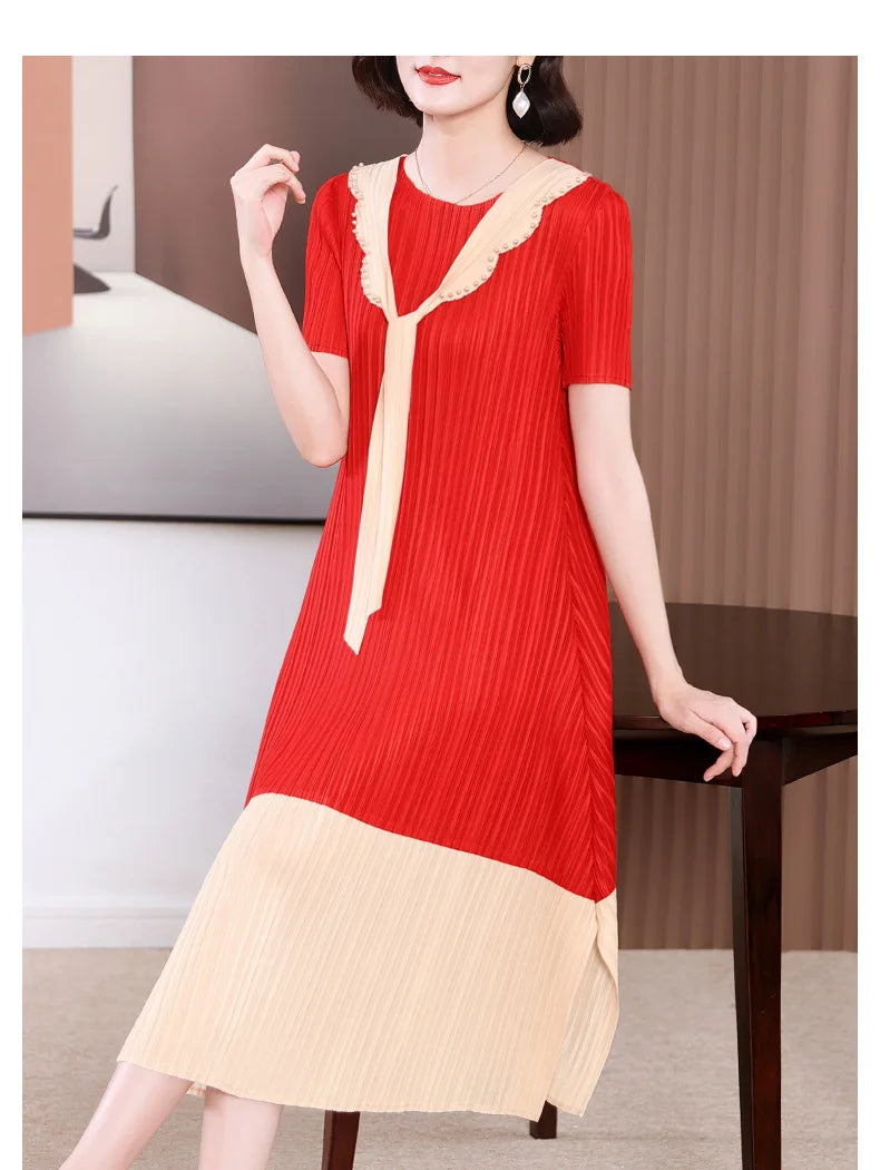 Miyake Pleated Dress Women 2024 Summer Style Splicing Color-blocking Beads Loose V-neck Short-sleeved Elegant A-line Long Skirt