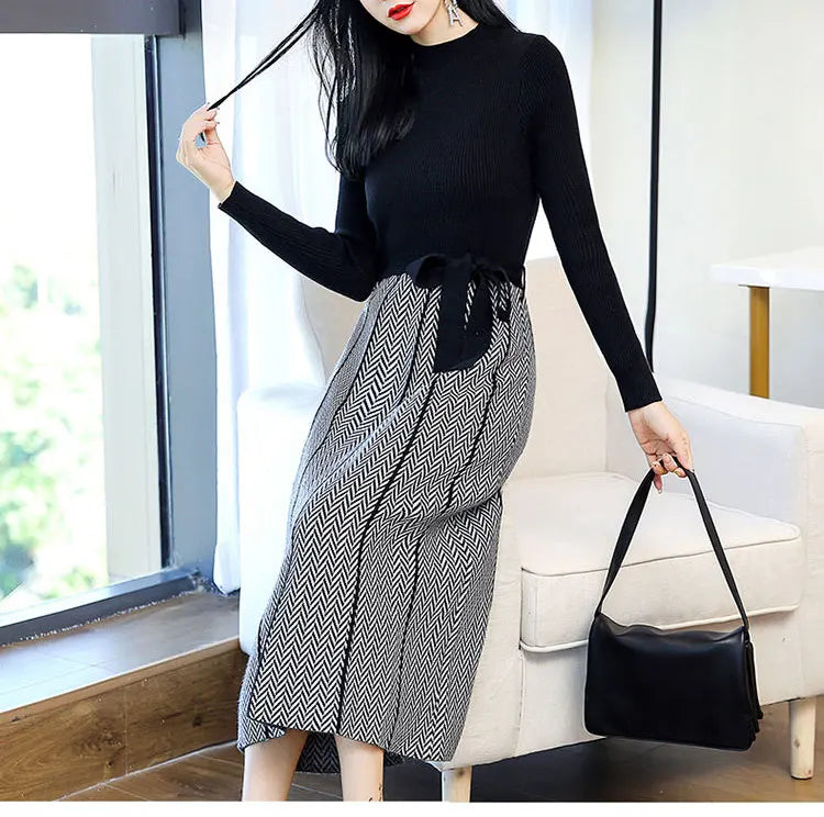 Vintage Spliced Knitted Midi Dress Autumn Winter Casual Half High Collar Female Clothing Elegant Waist Drawstring Bow Dresses