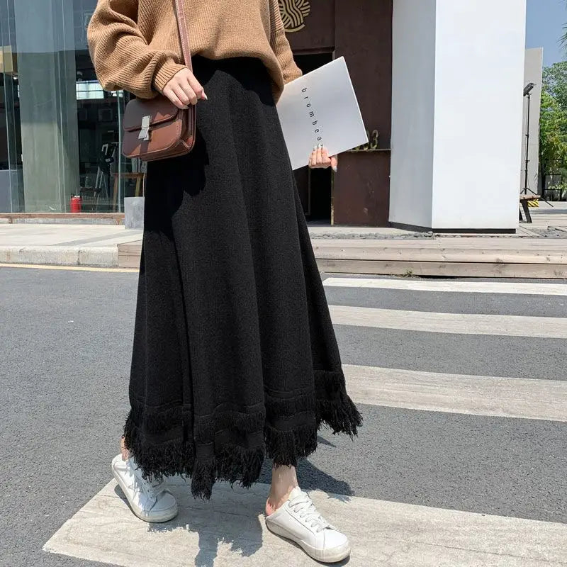 Elegant Tassel Knitted Skirts Midi Length for Women Autumn Winter Warm Thicken A Line Skirt Female Solid High Waist Cozy Skorts