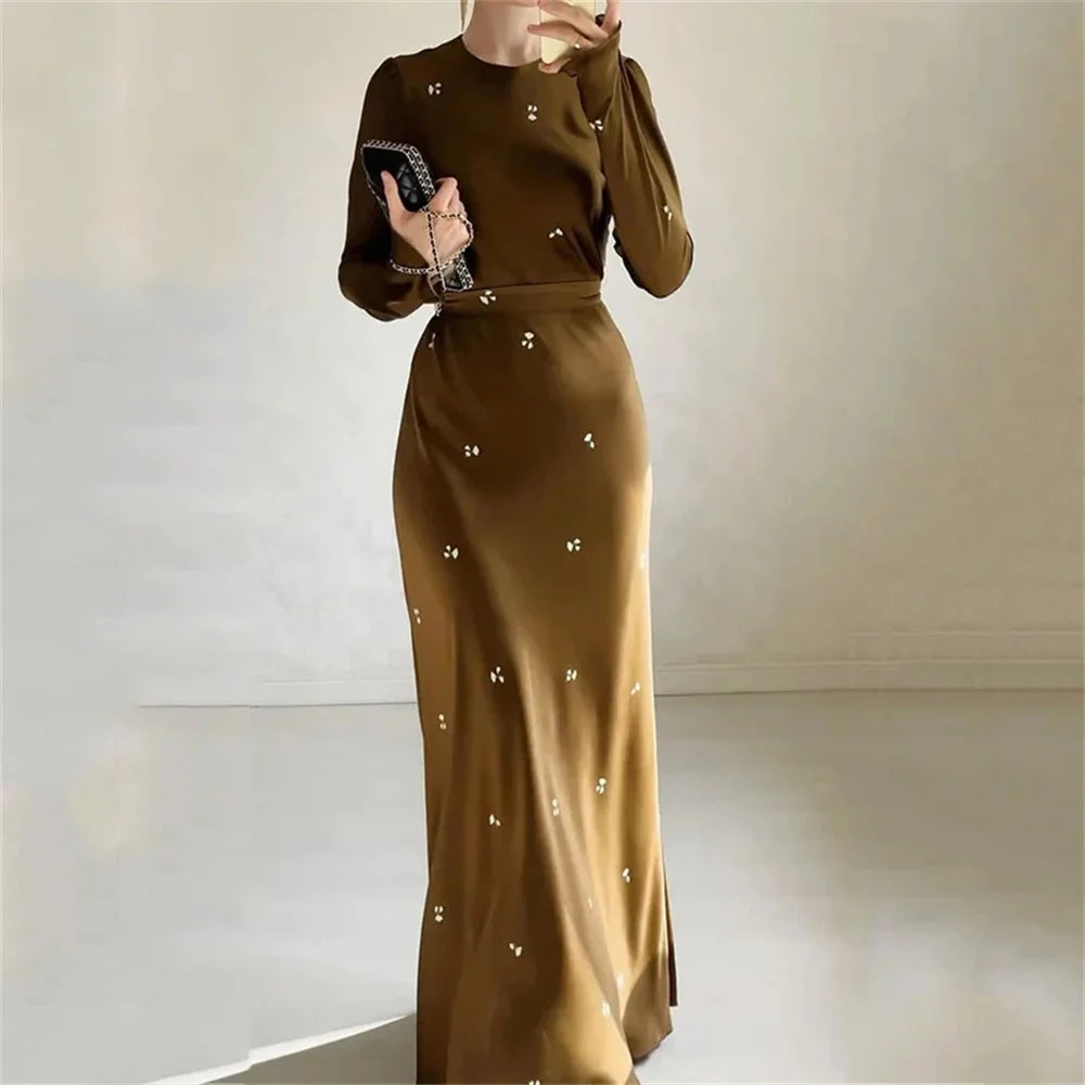 2024 Flower Printed Long Dress for Women Elegant O-Neck Long Sleeve Belt Nipped Waist Slim Maxi Dresses Streetwear