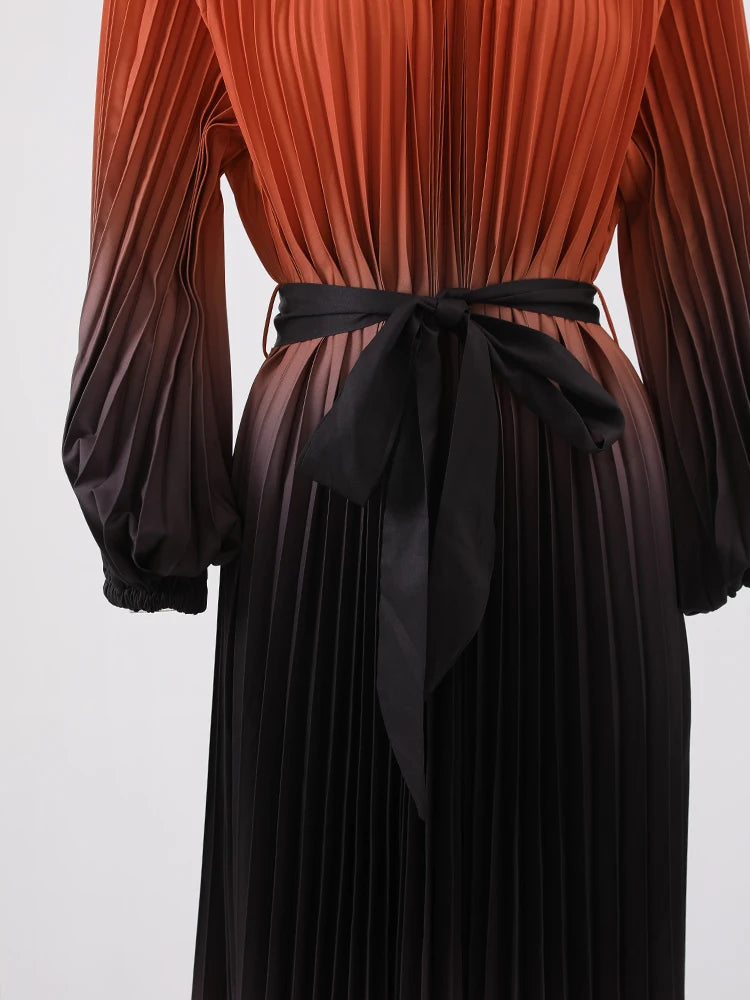 Gradient Pleated Fashion Long Dress Women Contrast Color Belt Gathered Waist Dresses Evening Party 2024 New 32C972