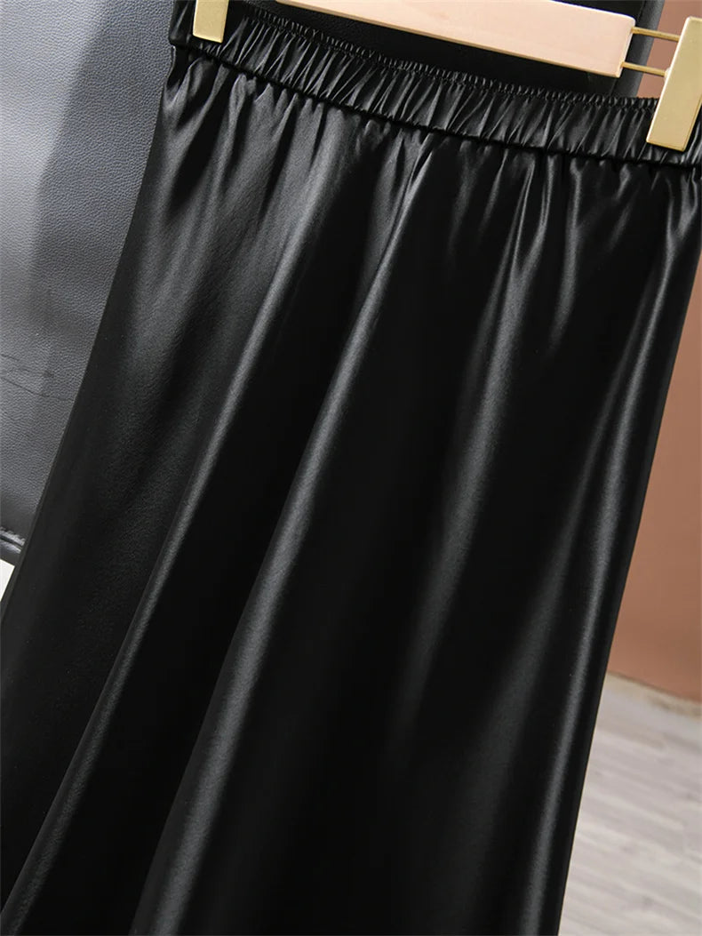 2024 Summer Elegant Ladies Club Maxi Skirt Korean Style Elastic Waist Satin Silk Skirts for Womans Plus Size Solid Skirt 6XL 7XL