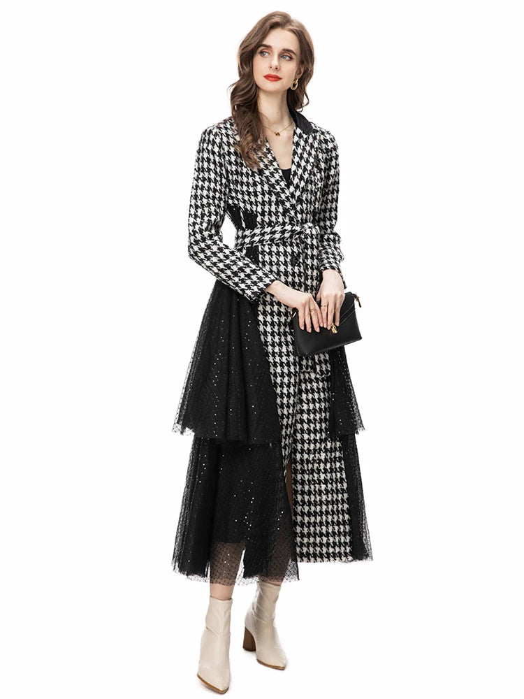 Style Vintage Coat Women's Lapel Single-breasted Splice Sequin Netting Slim Fit Coat