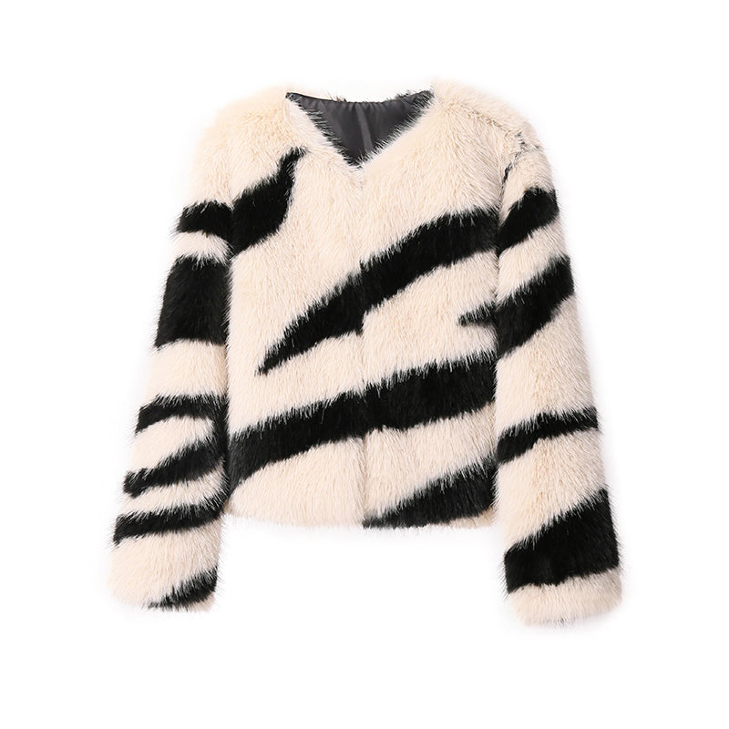 Ins Chic Girls Fluffy Zebra Fur Coat Women Harajuku Street Fashion Casual Faux Fox Fur Jacket Female Winter Thick Warm Overcoats